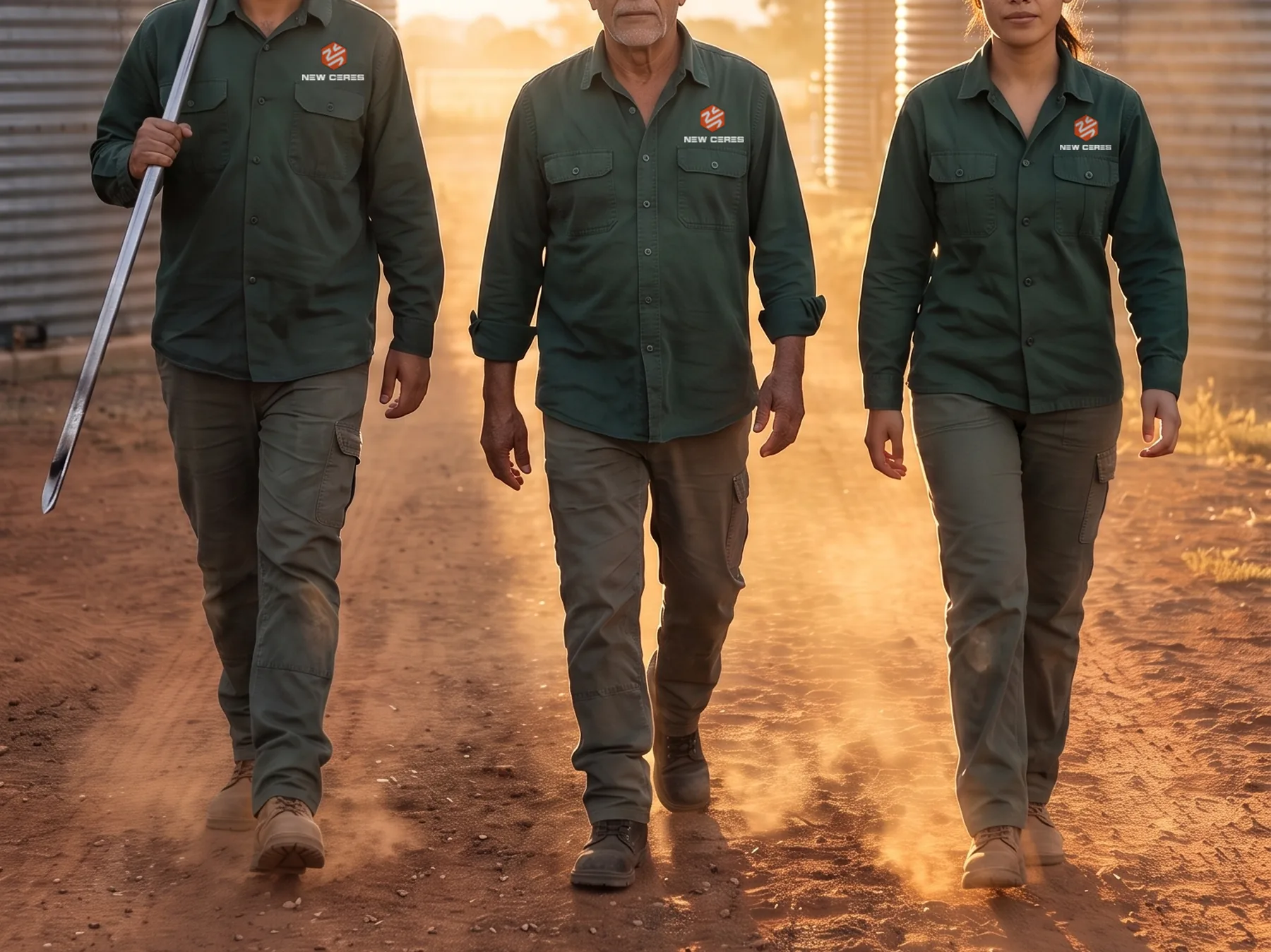 Três classificadores da New Ceres caminham entre os silos no fim de tarde