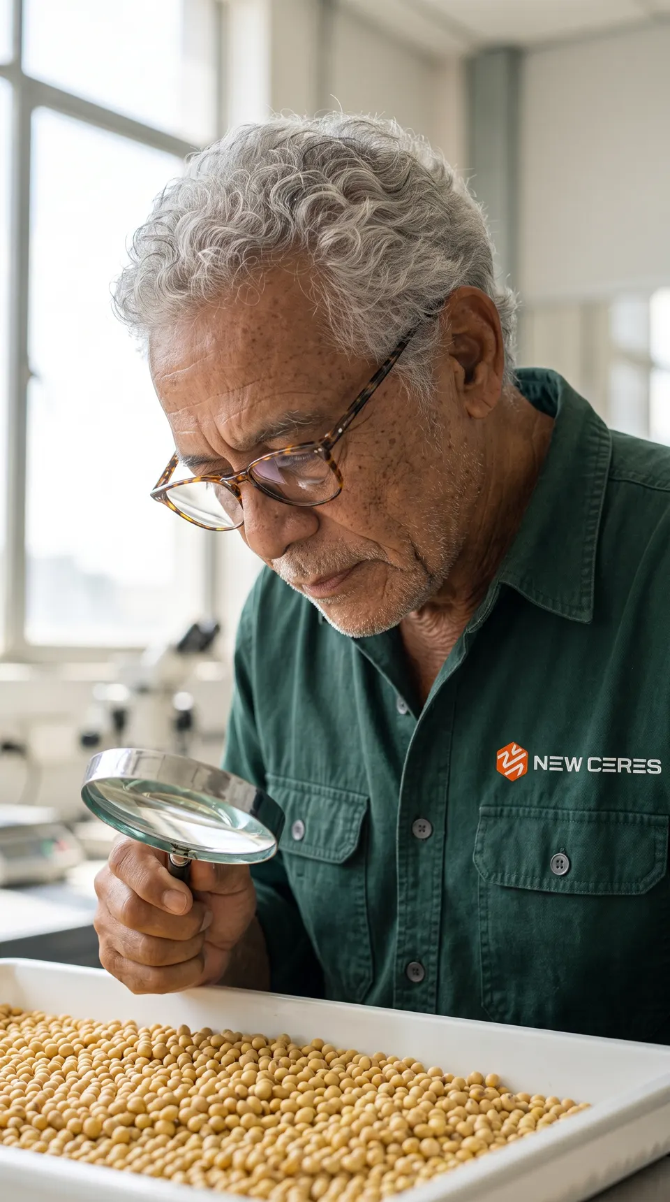 Classificador da New Ceres examina grãos de soja com uma lupa no laboratório