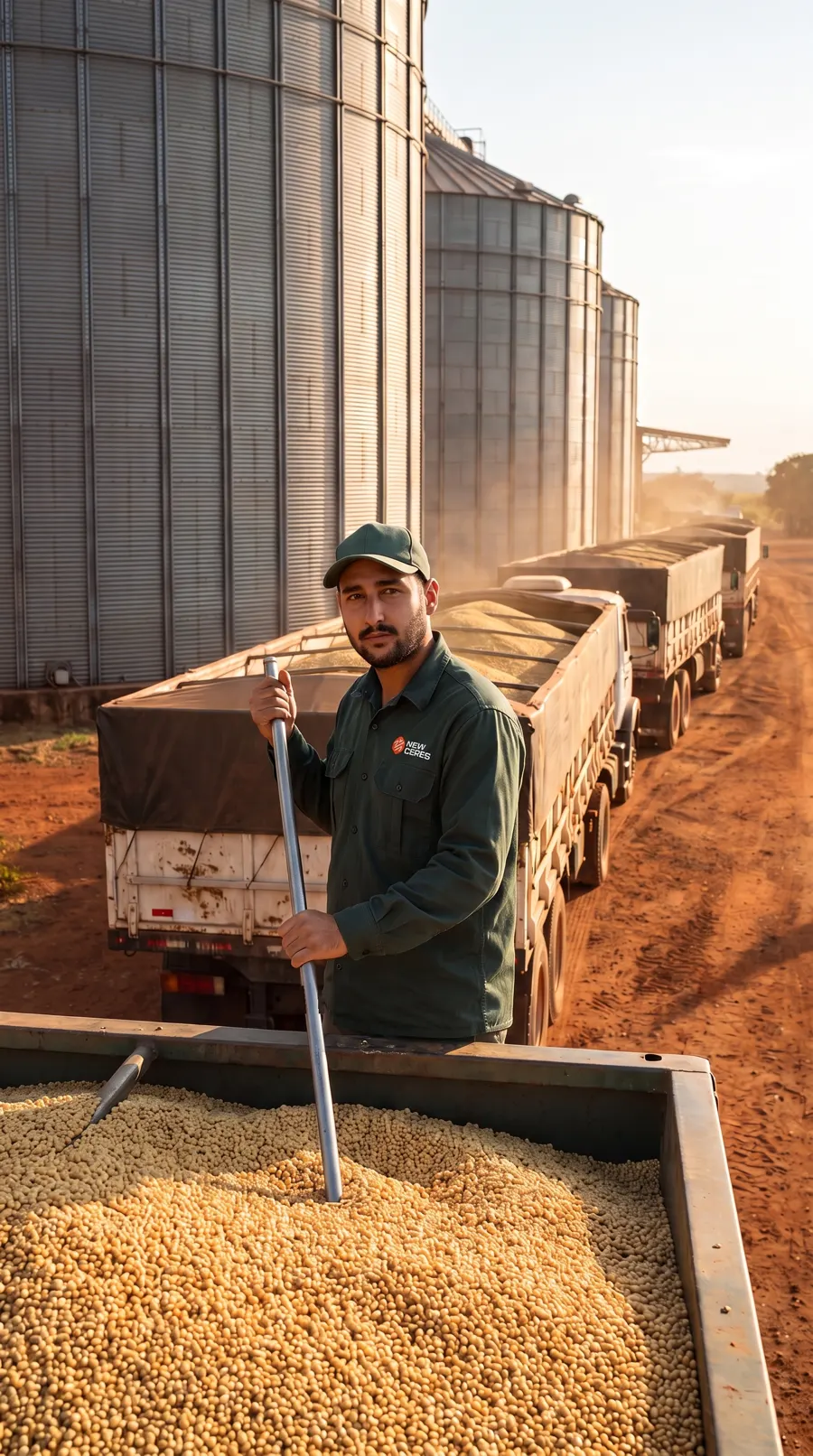Amostrador da New Ceres sobre a carga de soja, com a fila de caminhões no pátio do silo
